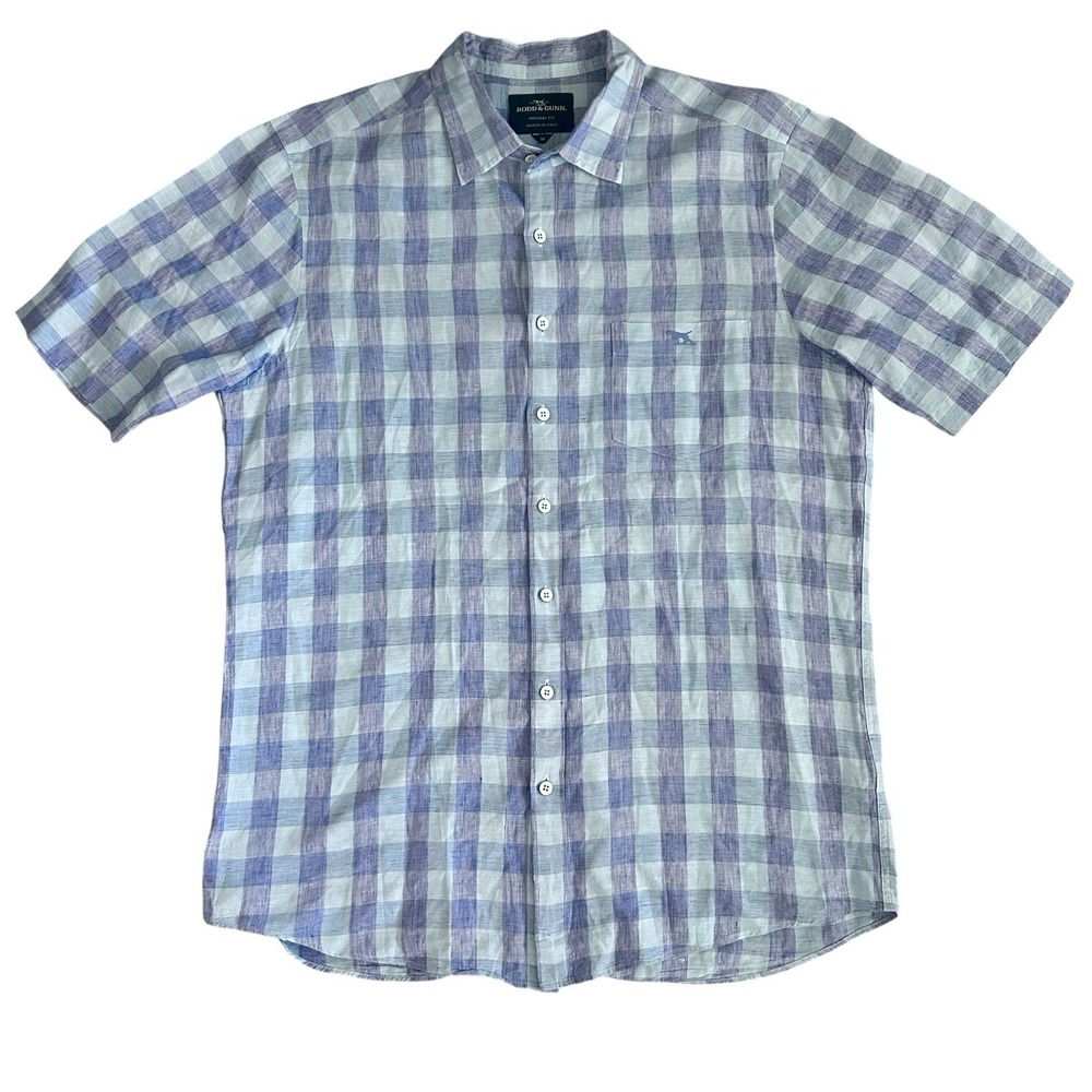 Rodd & Gunn Men's Shirt Linen Blend Button-Up‎ Blue Plaid Check Italy Medium